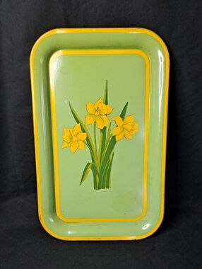 Vintage Green Metal Tray with Yellow Daffodil Design